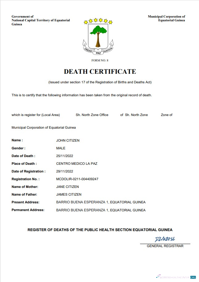 Download Equatorial Guinea death certificate Word and PDF template Photoshop template